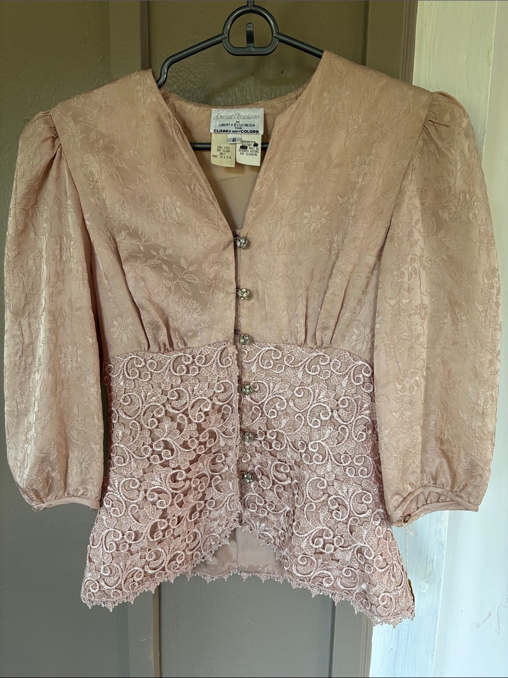 Vintage Blush Pink Jacquard Lace Victorian Romantic Silk Blouse 80s 90s Size 6